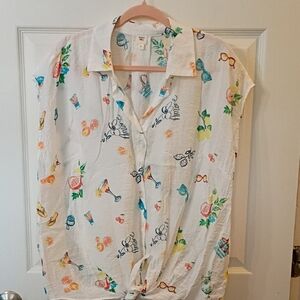 White Button Front Vacation Print Shirt